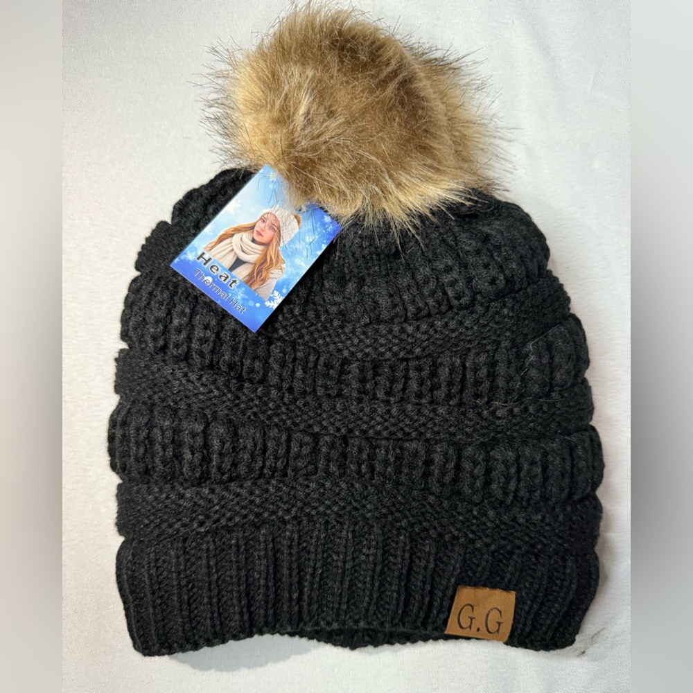 GG Black Knit Fur Lined Hat with Brown Pom-Pom